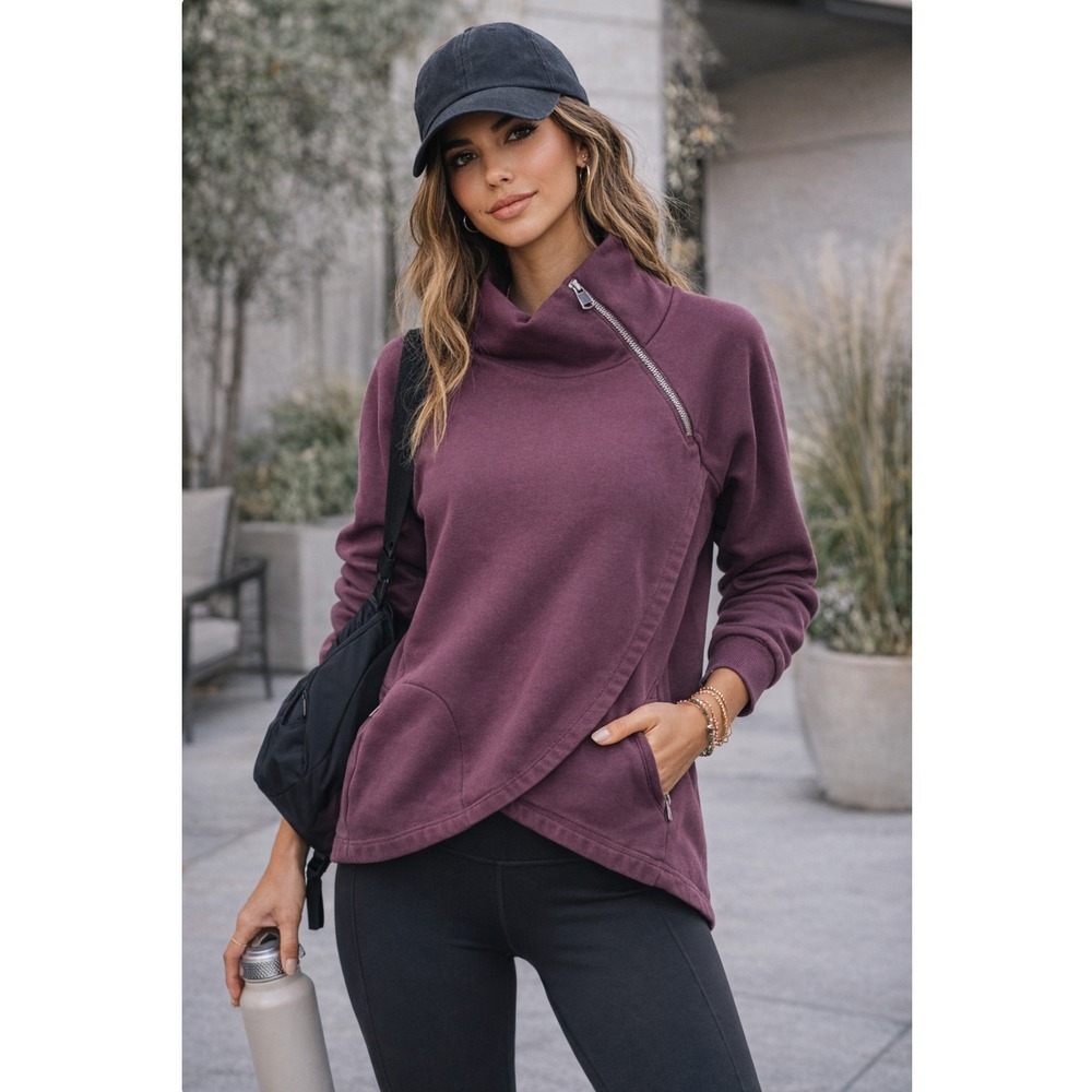 Athleta Sweatshirt Women XS Burgundy Cozy Karma Asym Fleece Lined Pullover $108